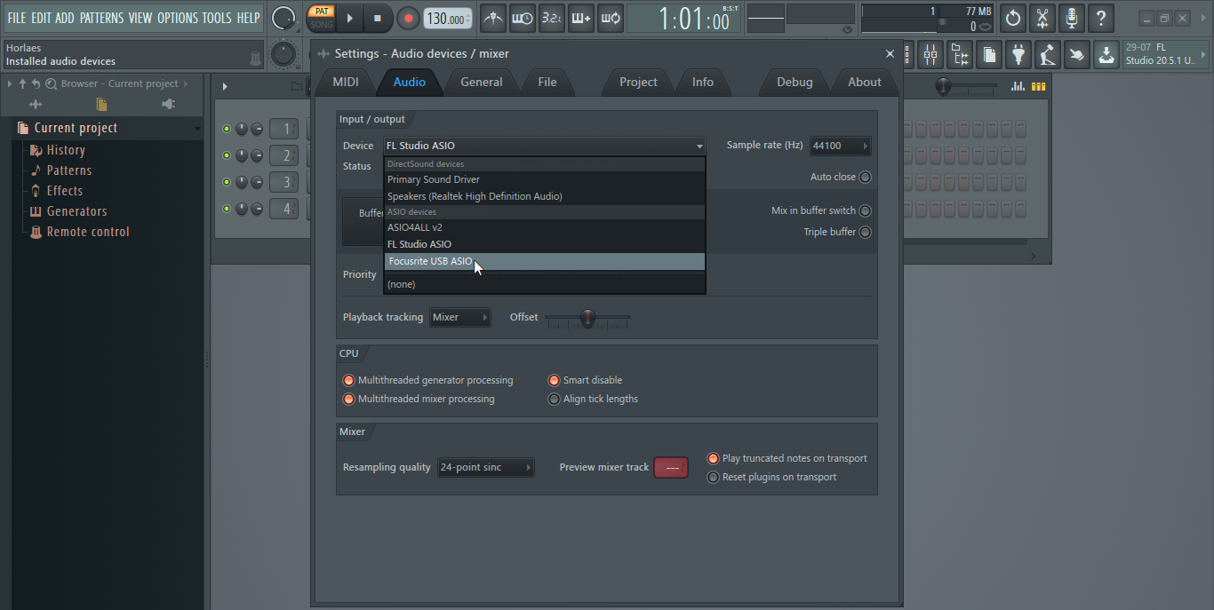 Selecting Focusrite Driver In Fl Studio 20