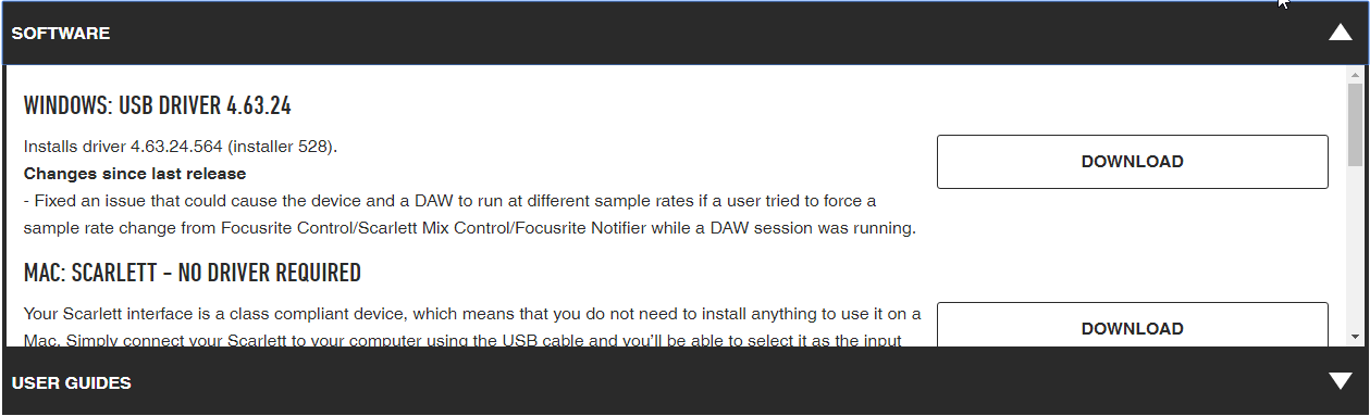 Expanded software group in focusrite website