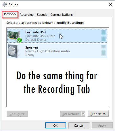 Select Focusrite in the tab of Recording and Playback alt
